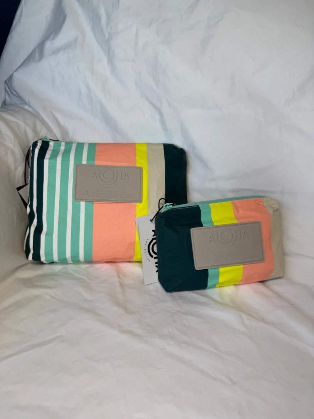 ALOHA Collection Playa Stripes Dark Teal Small + Mini Pouch Set NWT Discontinued